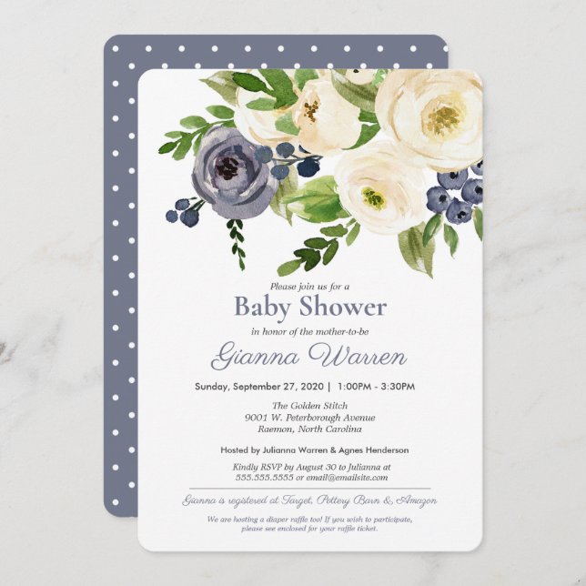 Invitación Floral azul y crema neutra de género en Baby Showe (Anverso / Reverso)