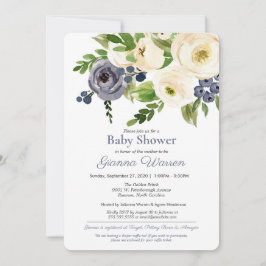 Invitación Floral azul y crema neutra de género en Baby Showe