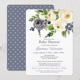 Invitación Floral azul y crema neutra de género en Baby Showe