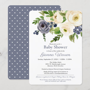 Invitación Floral azul y crema neutra de género en Baby Showe