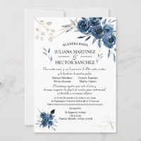 Invitación floral azul y dorada (Español)