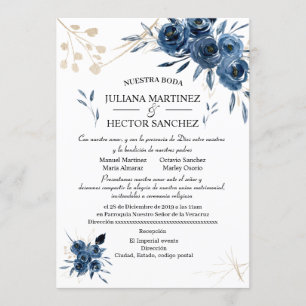 Invitación floral azul y dorada (Español)