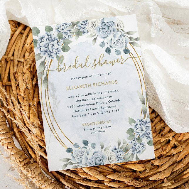 Invitación Floral azul y dorada turbia | Ducha Bridal Elegant (Subido por el creador)