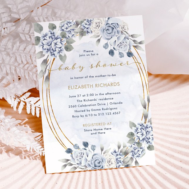 Invitación Floral azul y dorada turbia | Elegante Baby Shower (Subido por el creador)