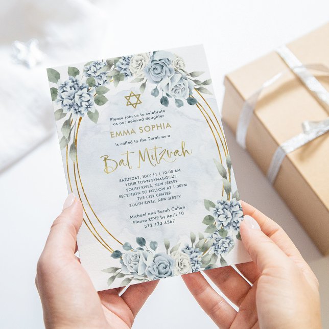 Invitación Floral azul y dorada turbia | Elegante Bat Mitzvah (Subido por el creador)