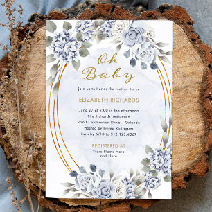 Invitación Floral azul y dorada turbia   Oh Baby Shower