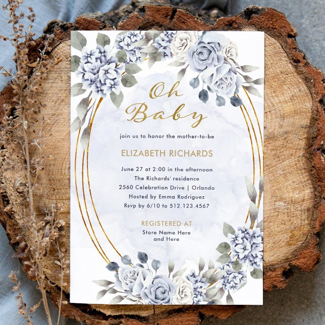 Invitación Floral azul y dorada turbia | Oh Baby Shower (Subido por el creador)