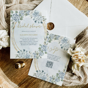 Invitación Floral azul y dorada turbia   QR Code Bridal Showe