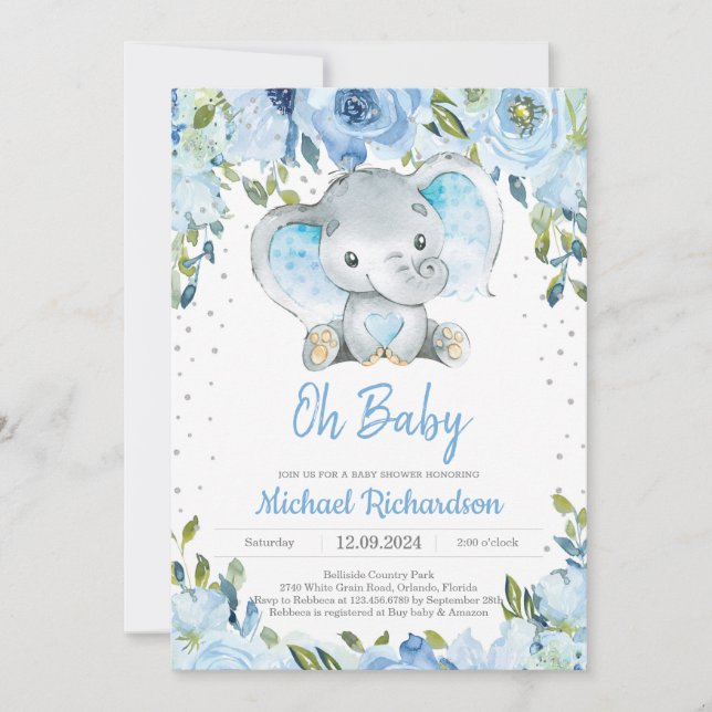 Invitación Floral azul y elefante lindo Baby Shower Boho (Anverso)