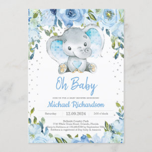 Invitación Floral azul y elefante lindo Baby Shower Boho