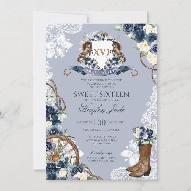 Invitación Floral azul y elegante Escudo Cowgirl Ranch dulce  (Anverso)