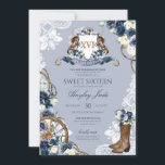 Invitación Floral azul y elegante Escudo Cowgirl Ranch dulce<br><div class="desc">Diseño rústico elegante con un tema de charro/vaquero/rancho. Con un hermoso escudo,  botas de vaquero/vaquero de lujo rosa y blanco floral y bonito</div>