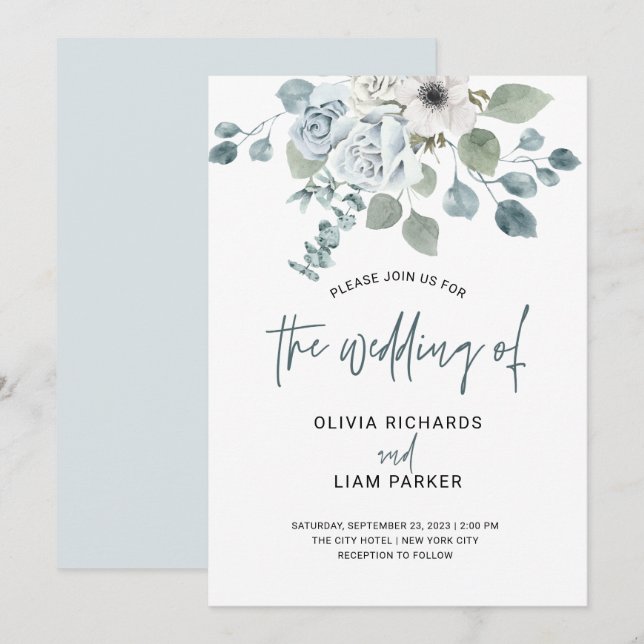 Invitación Floral azul y eucalipto simple y Boda (Anverso / Reverso)