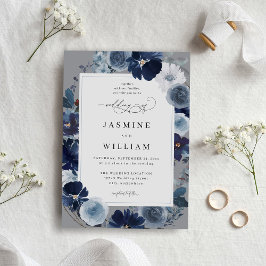 Invitación Floral azul y marina sobre Boda gris