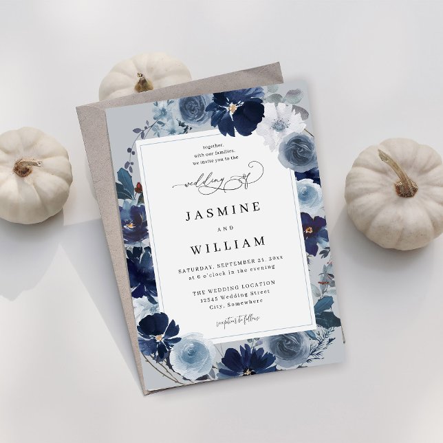 Invitación Floral azul y marina sobre Boda gris azul (Subido por el creador)