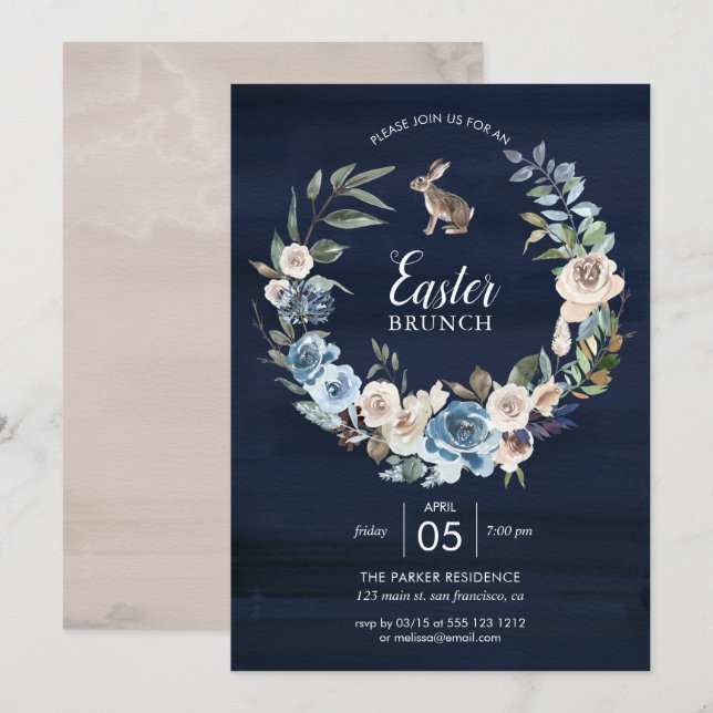 Invitación Floral azul y neutra| Pascua conejita (Anverso / Reverso)