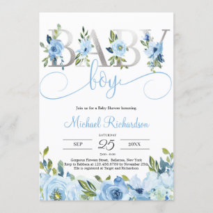 Invitación Floral azul y Relieve metalizado plateado Boho