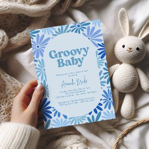 Invitación Floral azul y retro Verde azulado Groovy Baby Show