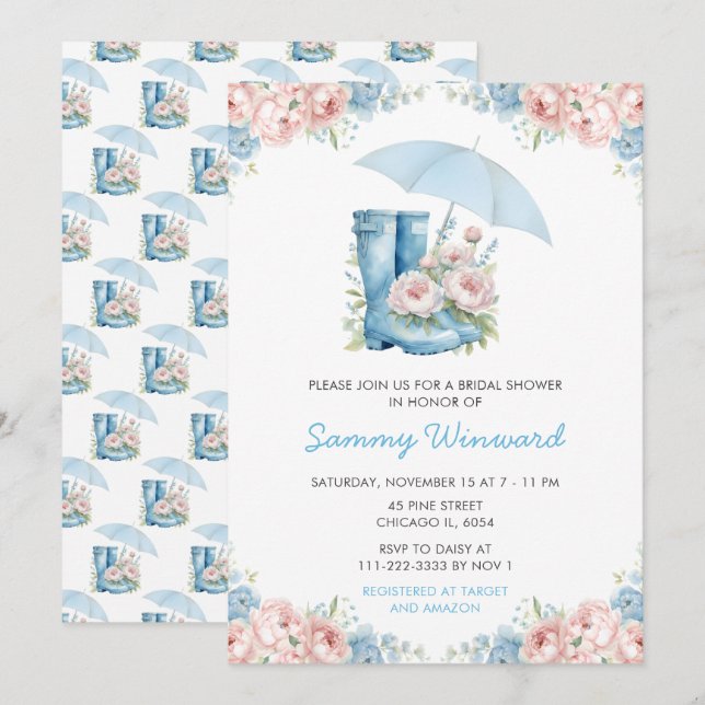 Invitación Floral azul y rosa ducha de novia (Anverso / Reverso)