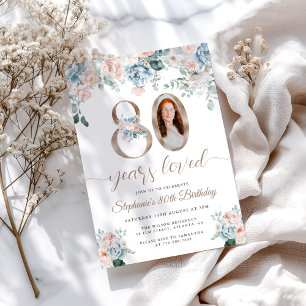 Invitación Floral azul y rosa foto 80 cumpleaños