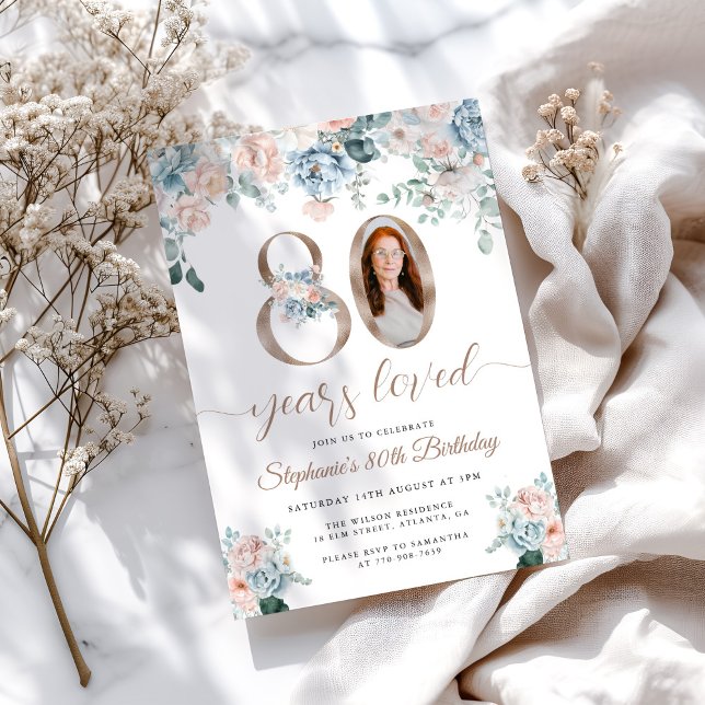 Invitación Floral azul y rosa foto 80 cumpleaños (Subido por el creador)