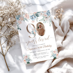 Invitación Floral azul y rosa foto 90 cumpleaños