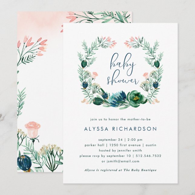 Invitación Floral azul y verde acuarela | Baby Shower (Anverso / Reverso)
