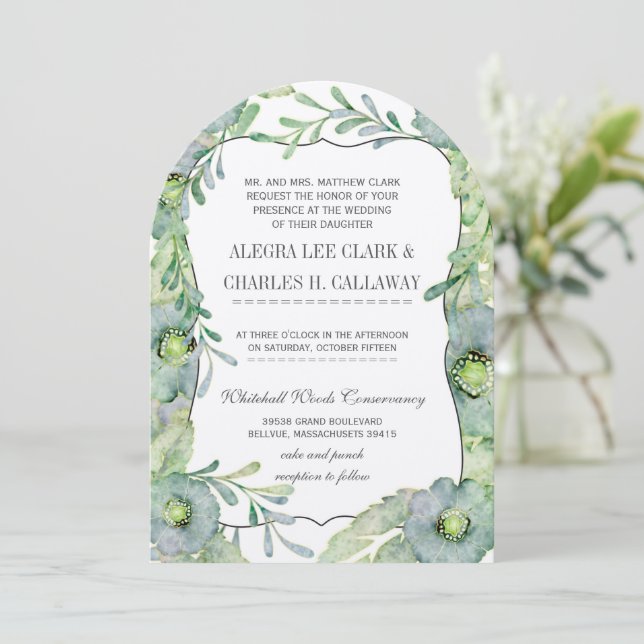 Invitación Floral azul y verde Boda (Anverso de pie)