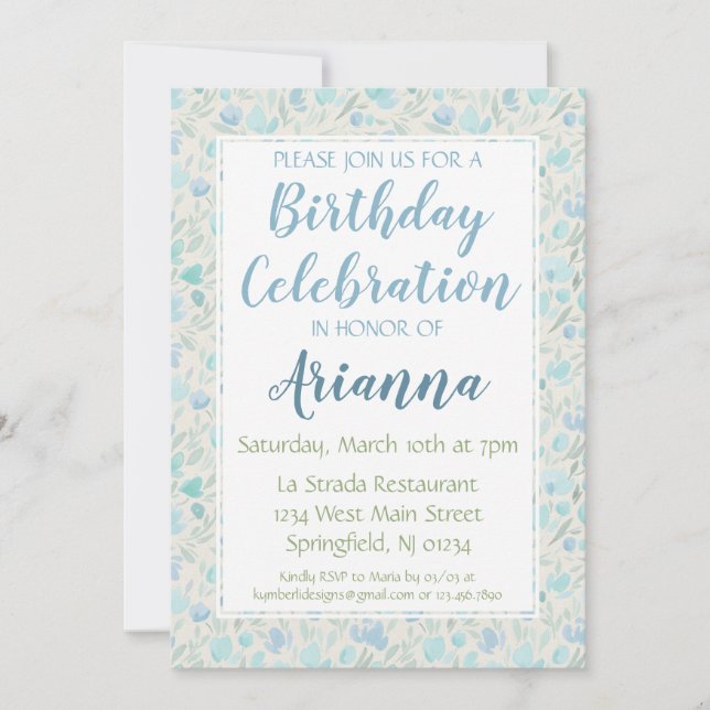 Invitación floral azul y verde pastel (Anverso)
