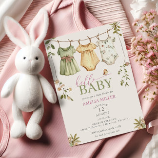 Invitación Floral Baby Clothesline Hello Baby Baby Shower