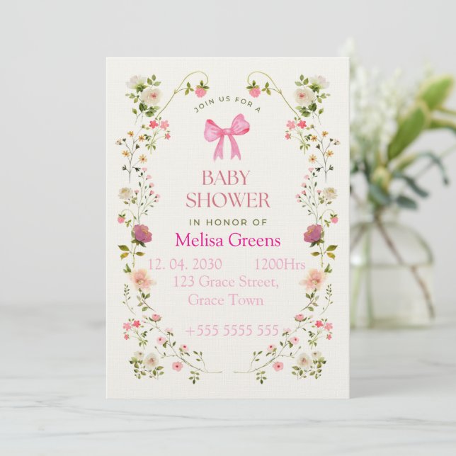 Invitación Floral Baby Shower Invitation | Soft Pink waterco (Anverso de pie)