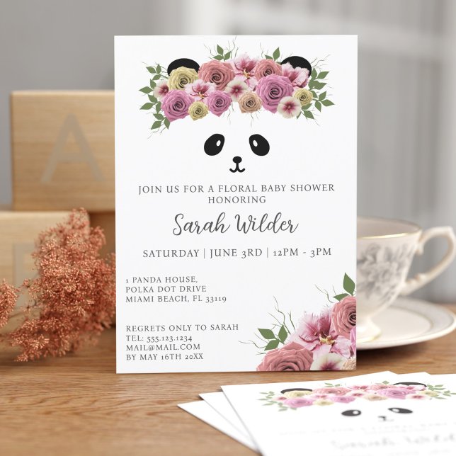 Invitación Floral Baby Shower Panda Bear Tema Cute Chica (A pretty panda baby shower invitation just for you)