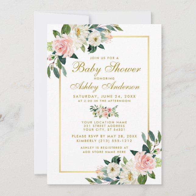 Invitación floral Baby Shower Pink White Gold (Anverso)