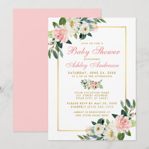 Invitación floral Baby Shower Pink White Gold GP