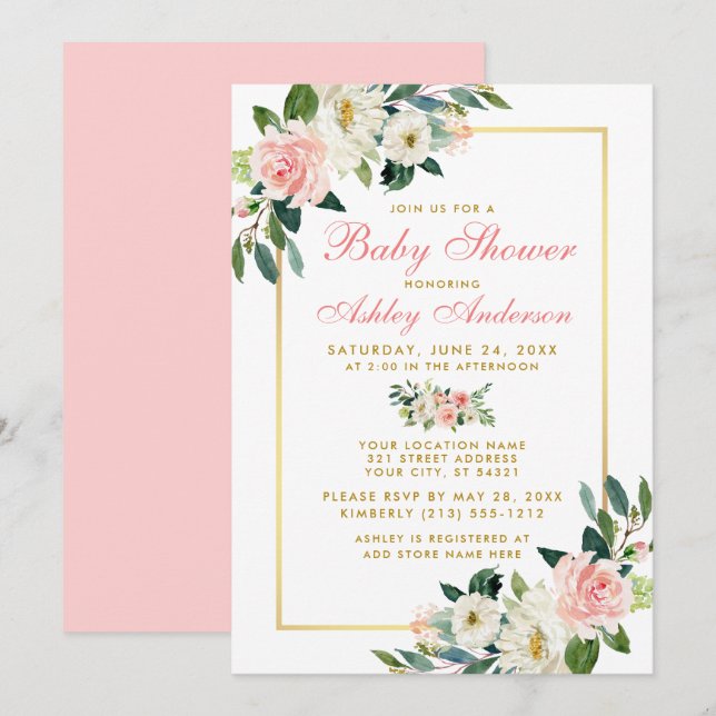 Invitación floral Baby Shower Pink White Gold GP (Anverso / Reverso)