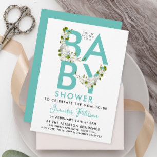 Invitación Floral Baby Shower turquesa de escritura moderna
