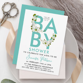Invitación Floral Baby Shower turquesa de escritura moderna
