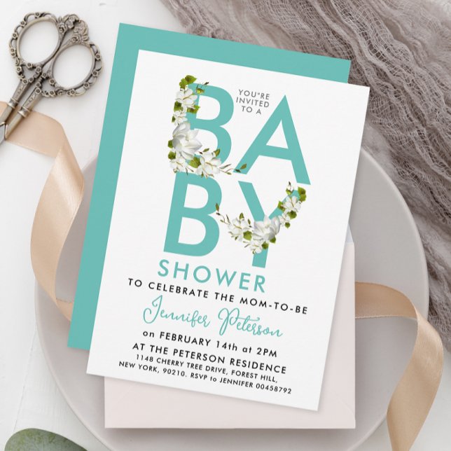 Invitación Floral Baby Shower turquesa de escritura moderna (Subido por el creador)