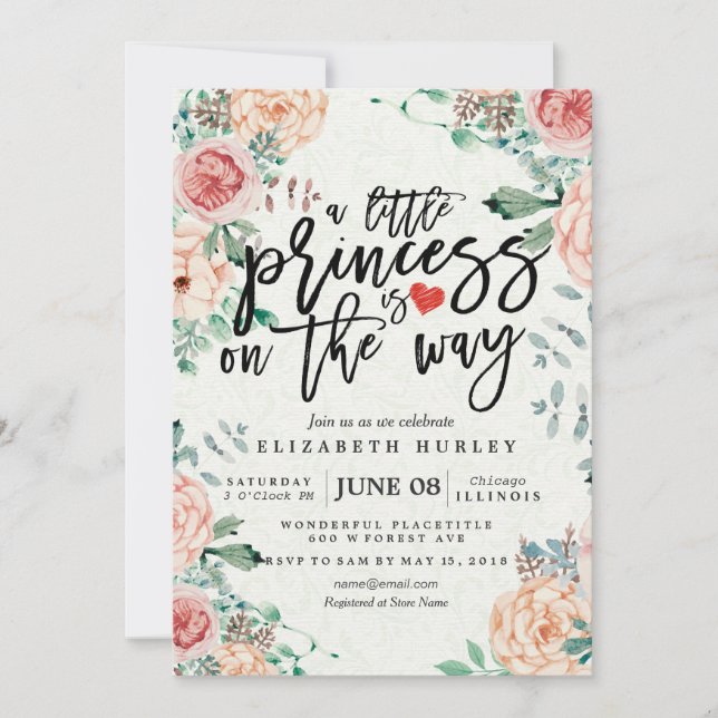 Invitación Floral Baby Shower una pequeña princesa está en ca (Anverso)