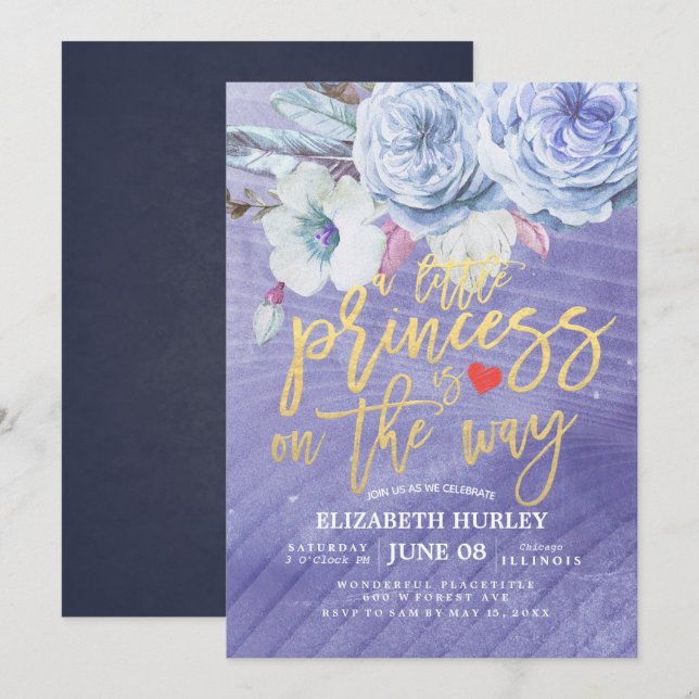 Invitación Floral Baby Shower una pequeña princesa está en ca (Anverso / Reverso)