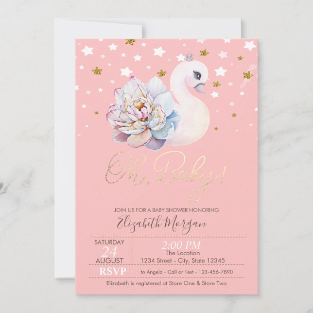 Invitación Floral Baby Swan Crown Stars Baby Shower (Anverso)