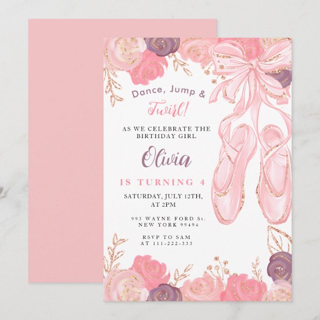 Invitación Floral Ballerina Ballet Slippers Chica Cumpleaños (Anverso / Reverso)
