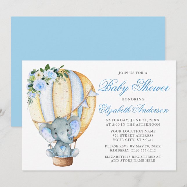Invitación Floral Balón azul Elefante Baby Shower (Anverso / Reverso)