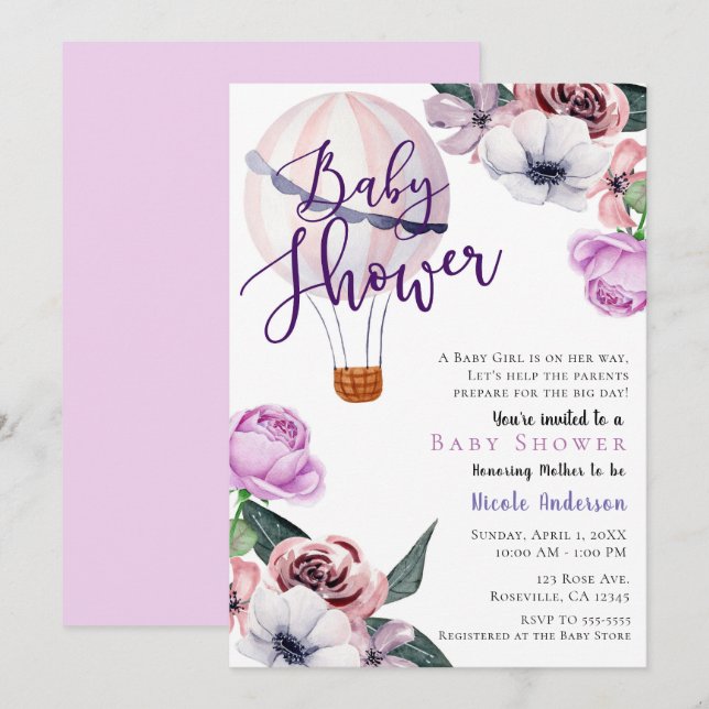 Invitación Floral Balón de aire caliente Baby Shower lavender (Anverso / Reverso)