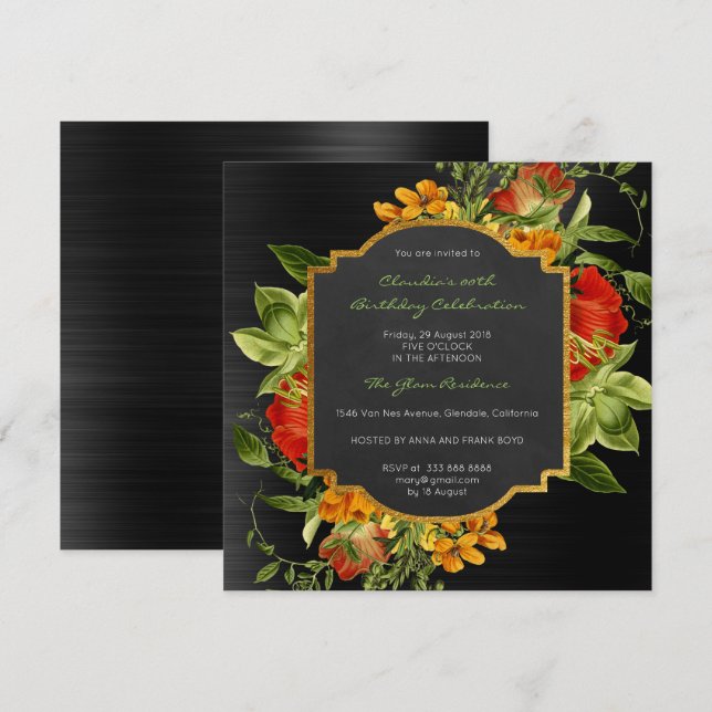 Invitación Floral Baroque Cumpleaños Marco dorado Negro Glam  (Anverso / Reverso)