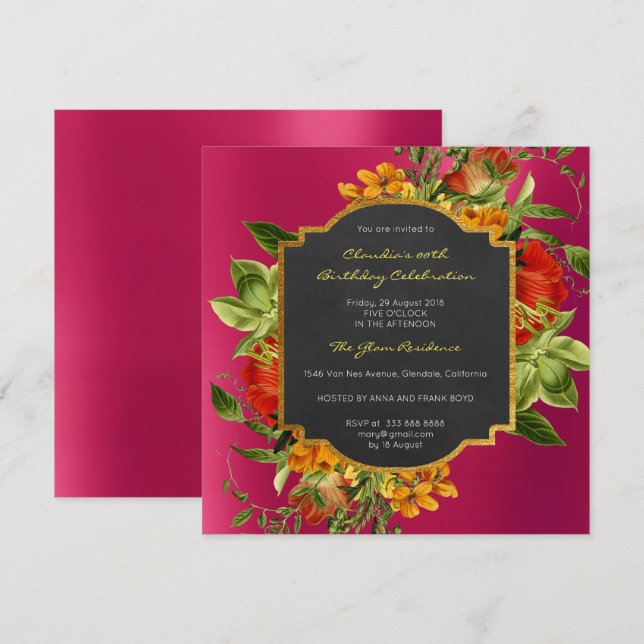 Invitación Floral Barroco Cumpleaños Marco dorado Raspberry r (Anverso / Reverso)