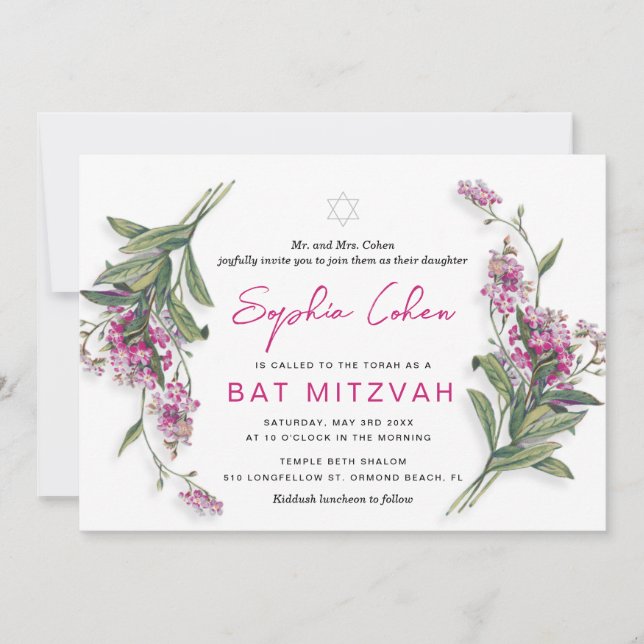 Invitación floral Bat Mitzvah botánica (Anverso)