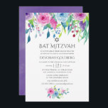 Invitación Floral Bat Mitzvah de color de agua ultravioleta<br><div class="desc">Invitación de mitzvah de rosas de acuarela pintados a mano con color de ultra violeta del año 2018 con tonos azules y rosados con flor verde salado.</div>