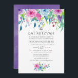 Invitación Floral Bat Mitzvah de color de agua ultravioleta<br><div class="desc">Invitación de mitzvah de rosas de acuarela pintados a mano con color de ultra violeta del año 2018 con tonos azules y rosados con flor verde salado.</div>