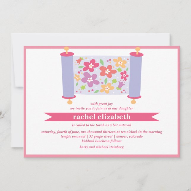 Invitación floral Bat Mitzvah Torá (Anverso)